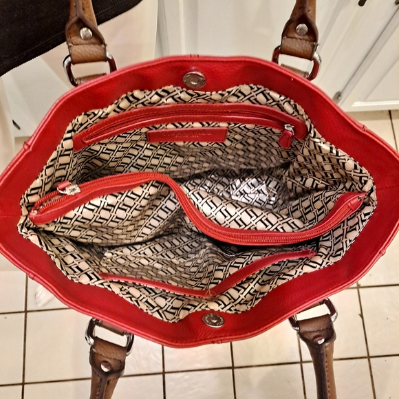 Tignanello Genuine Leather Red Tote with Brown Straps - Picture 5 of 10